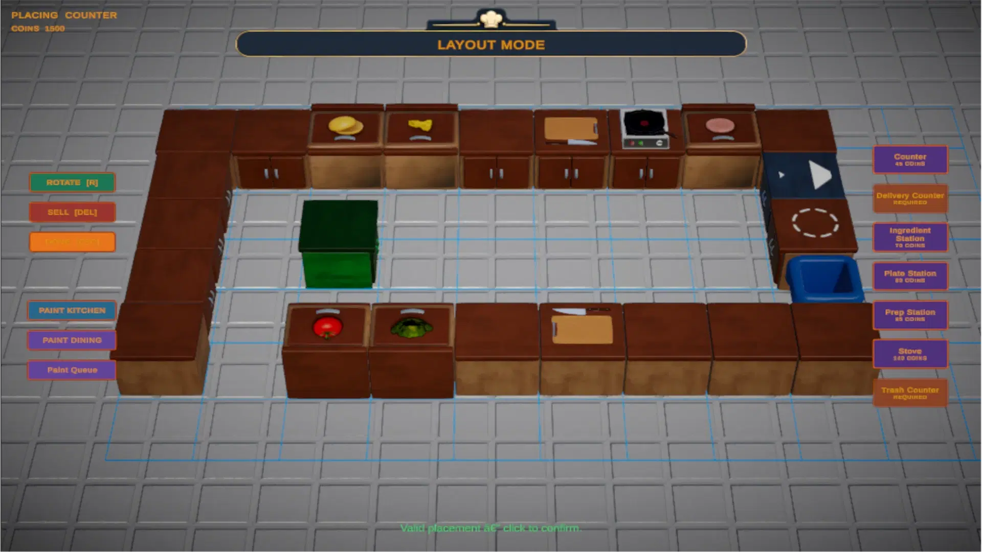 The restaurant layout and equipment placement in Kitchen Rivals.